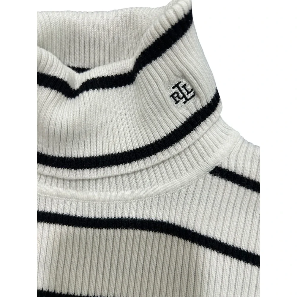Lauren Ralph Lauren White Navy Striped Ribbed Short Sleeve Turtleneck Sweater - Picture 1 of 3